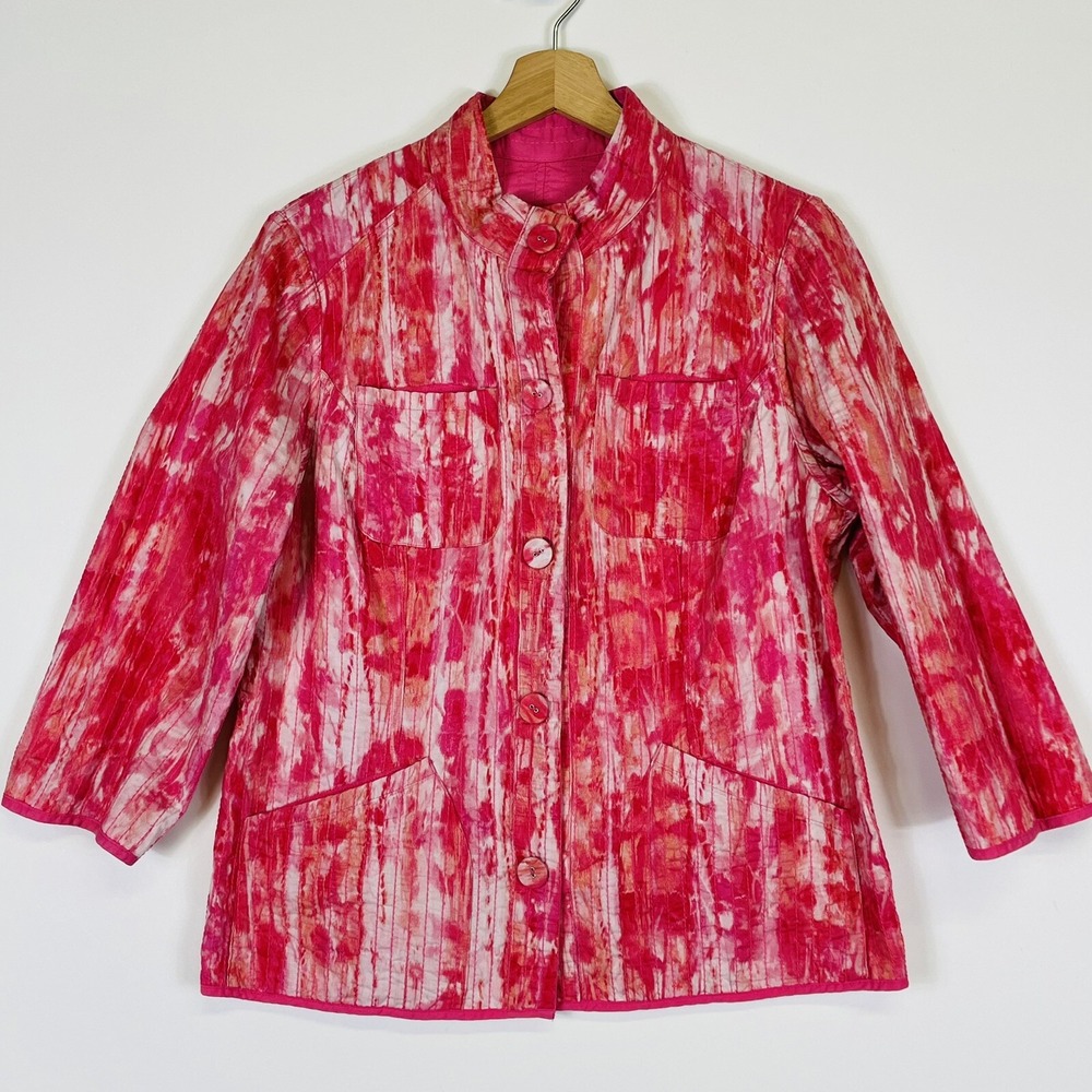 Chico's Womens 1 Medium Shirt Jacket Pink Stitched Reversible Cottagecore Beachy